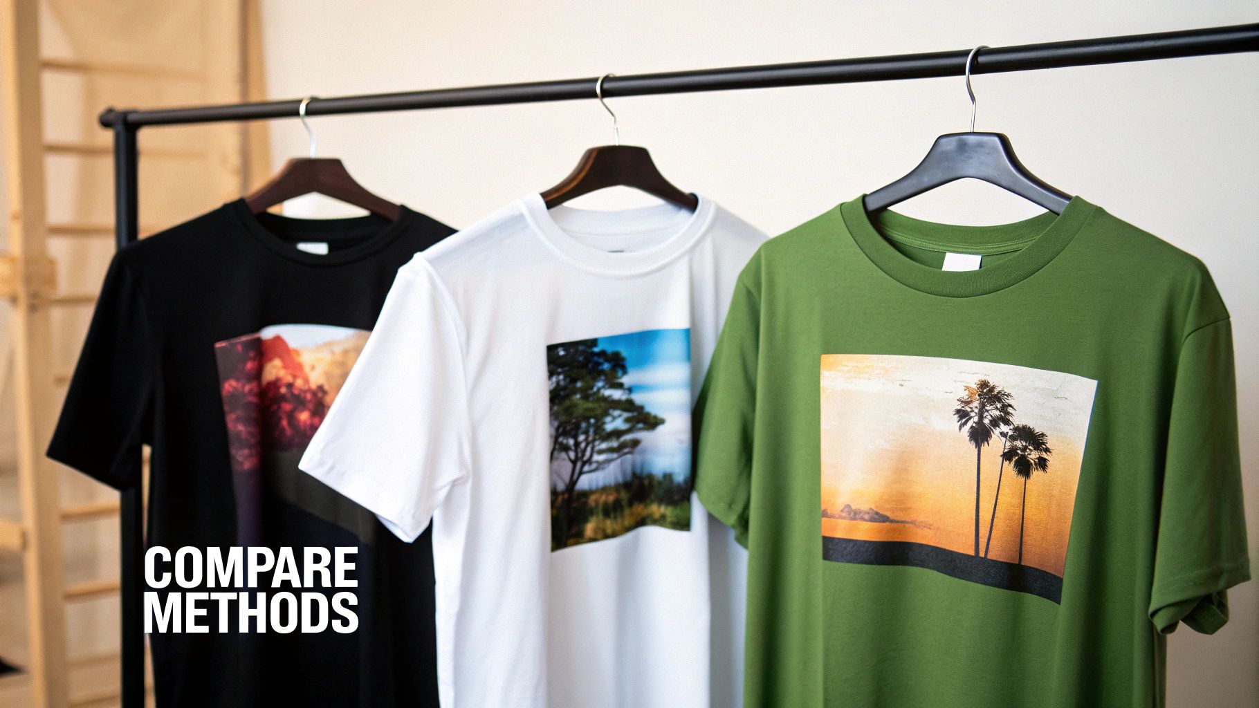 A DTF transfer being applied to a blue t-shirt with a heat press