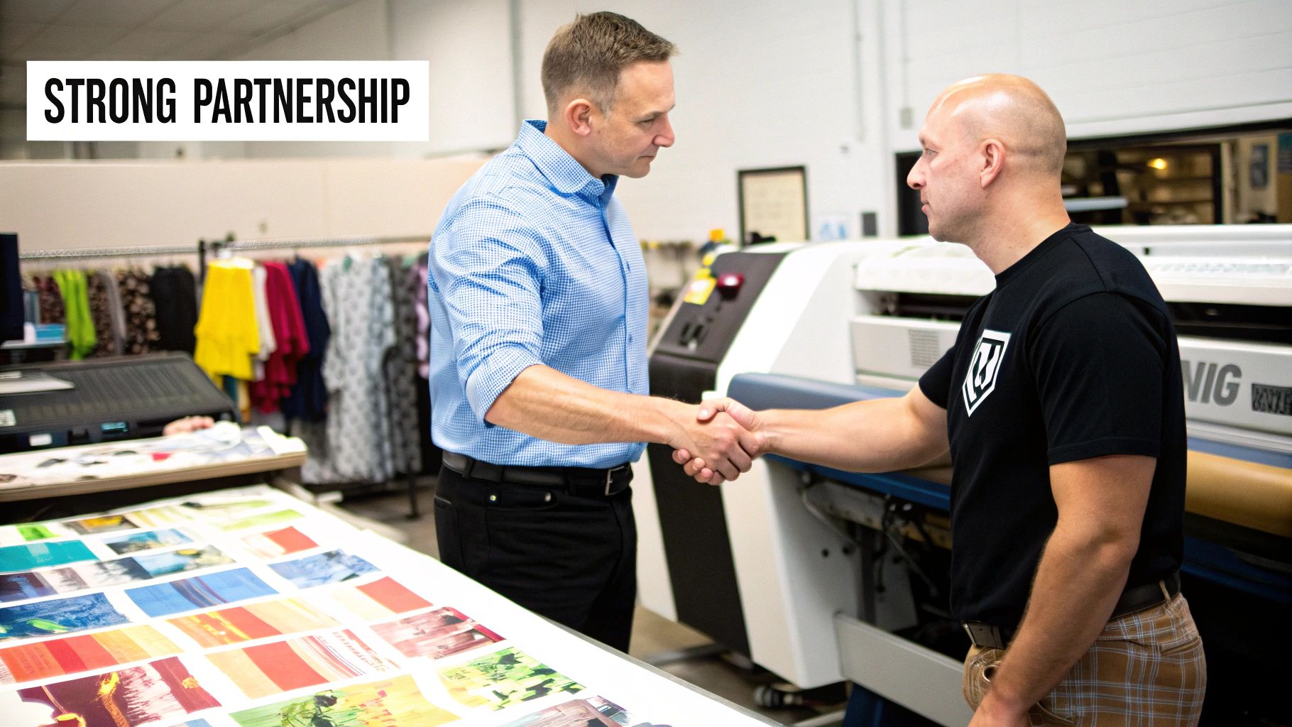 Two people shaking hands in a workshop setting, sealing a business partnership deal.