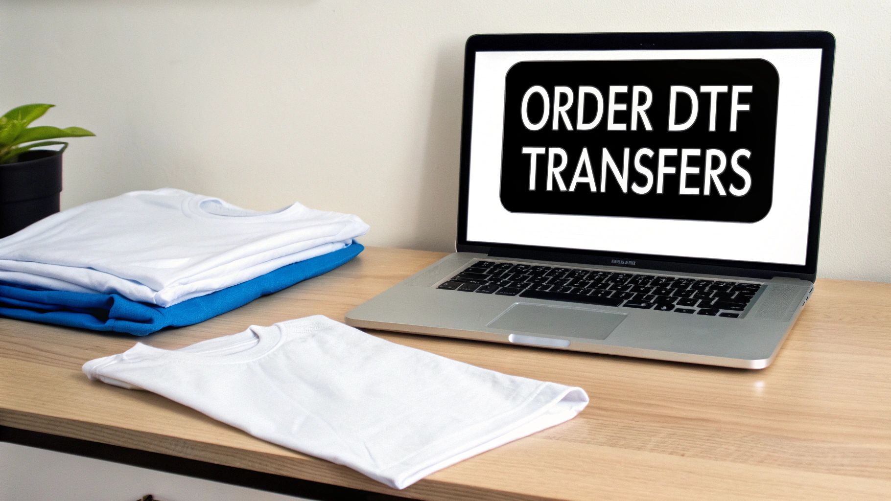Laptop displaying 'ORDER DTF TRANSFERS' next to folded white and blue t-shirts on a wooden desk.