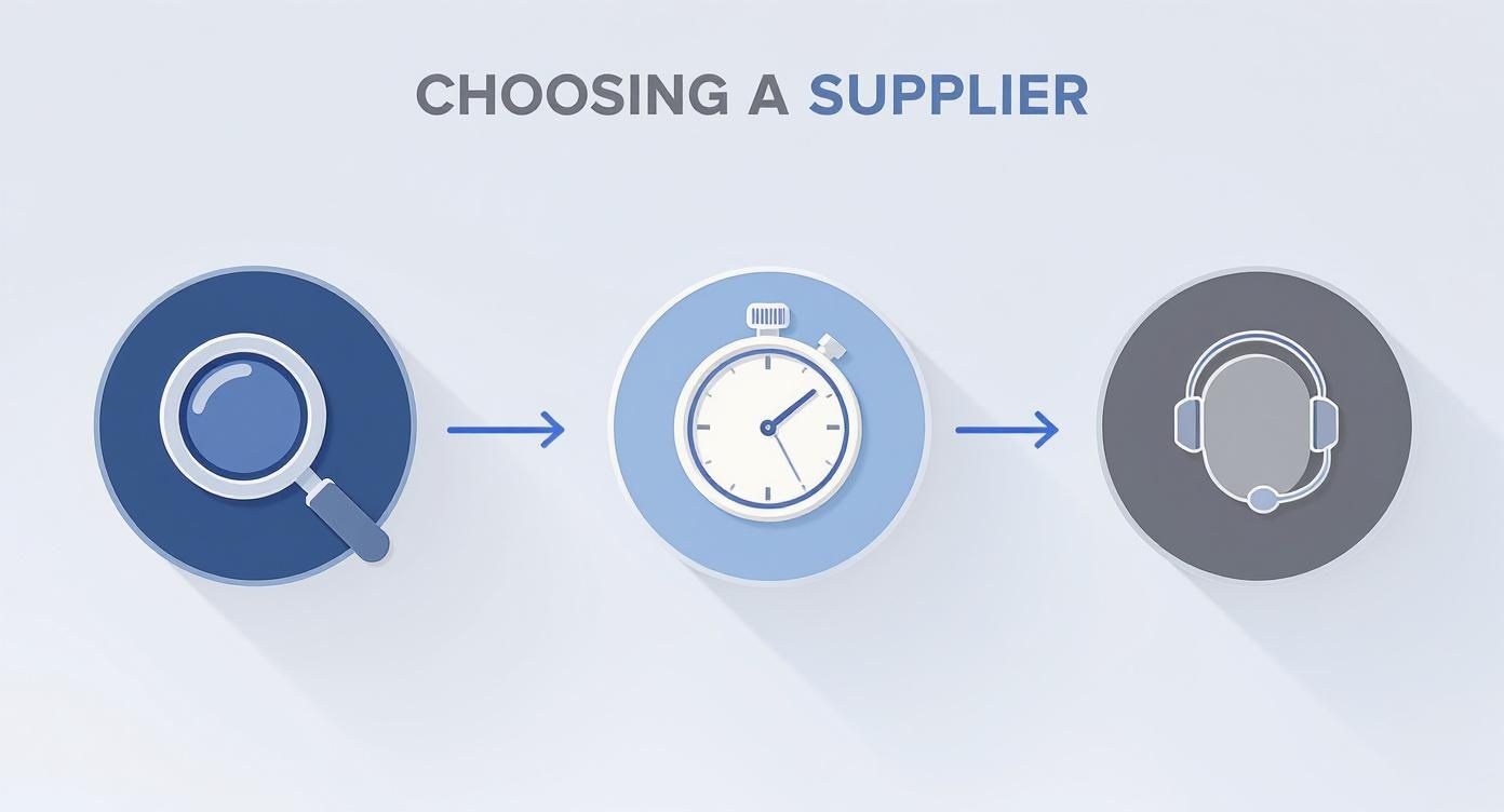 Infographic showing a three-step process for choosing a DTF supplier focusing on Quality, Speed, and Support