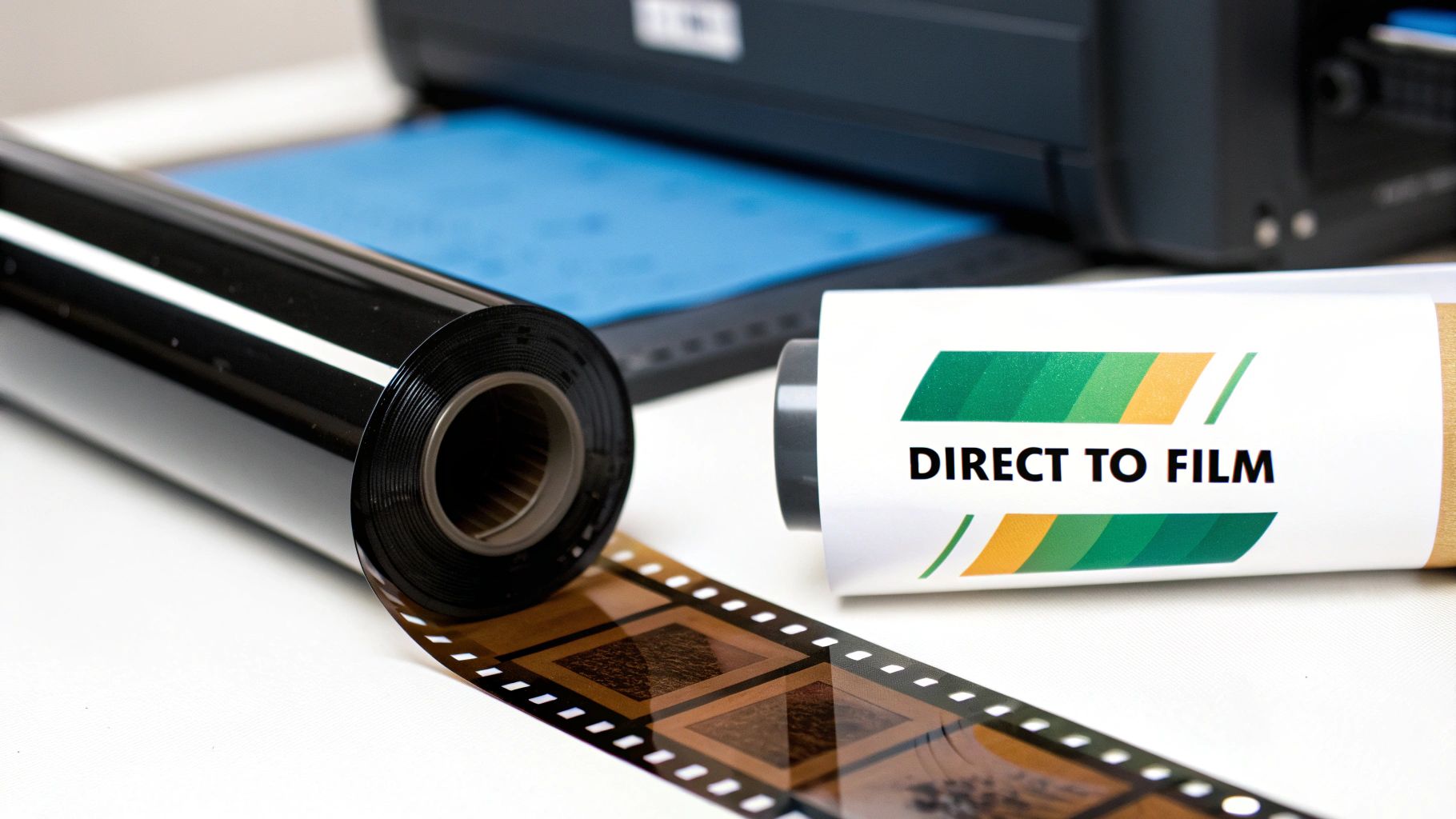 A roll of DTF film material with an unwound film strip, next to a label reading 'DIRECT TO FILM', and a printer in the background.