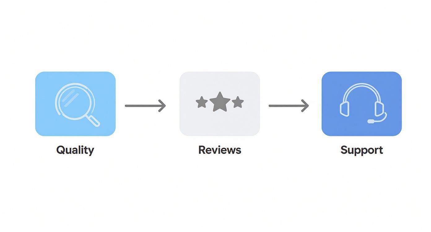 A flowchart depicting three stages: Quality (magnifying glass), Reviews (three stars), and Support (headset) with connecting arrows.