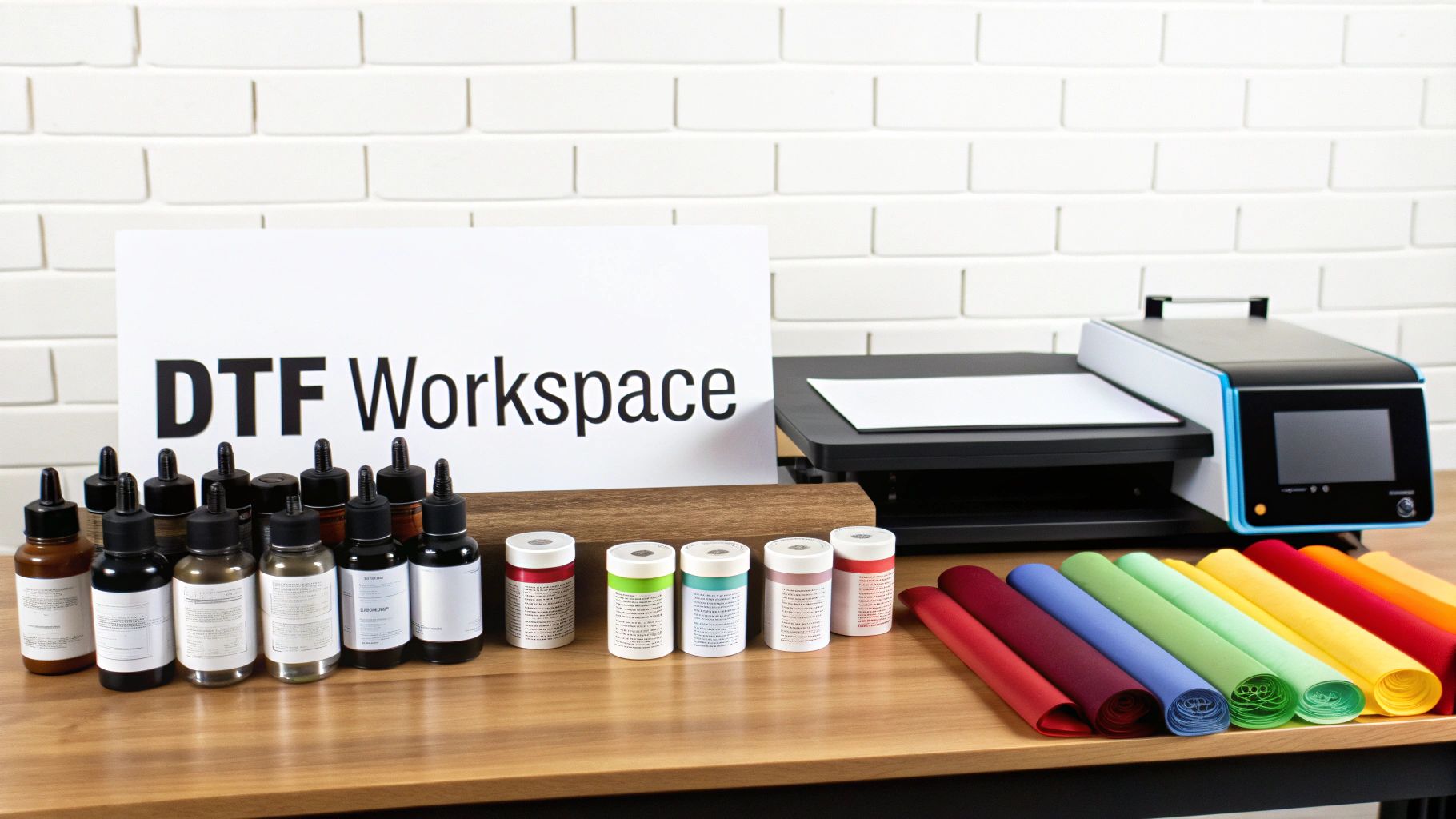 A well-organised DTF printing workspace with a printer, heat press, and rolls of PET film.