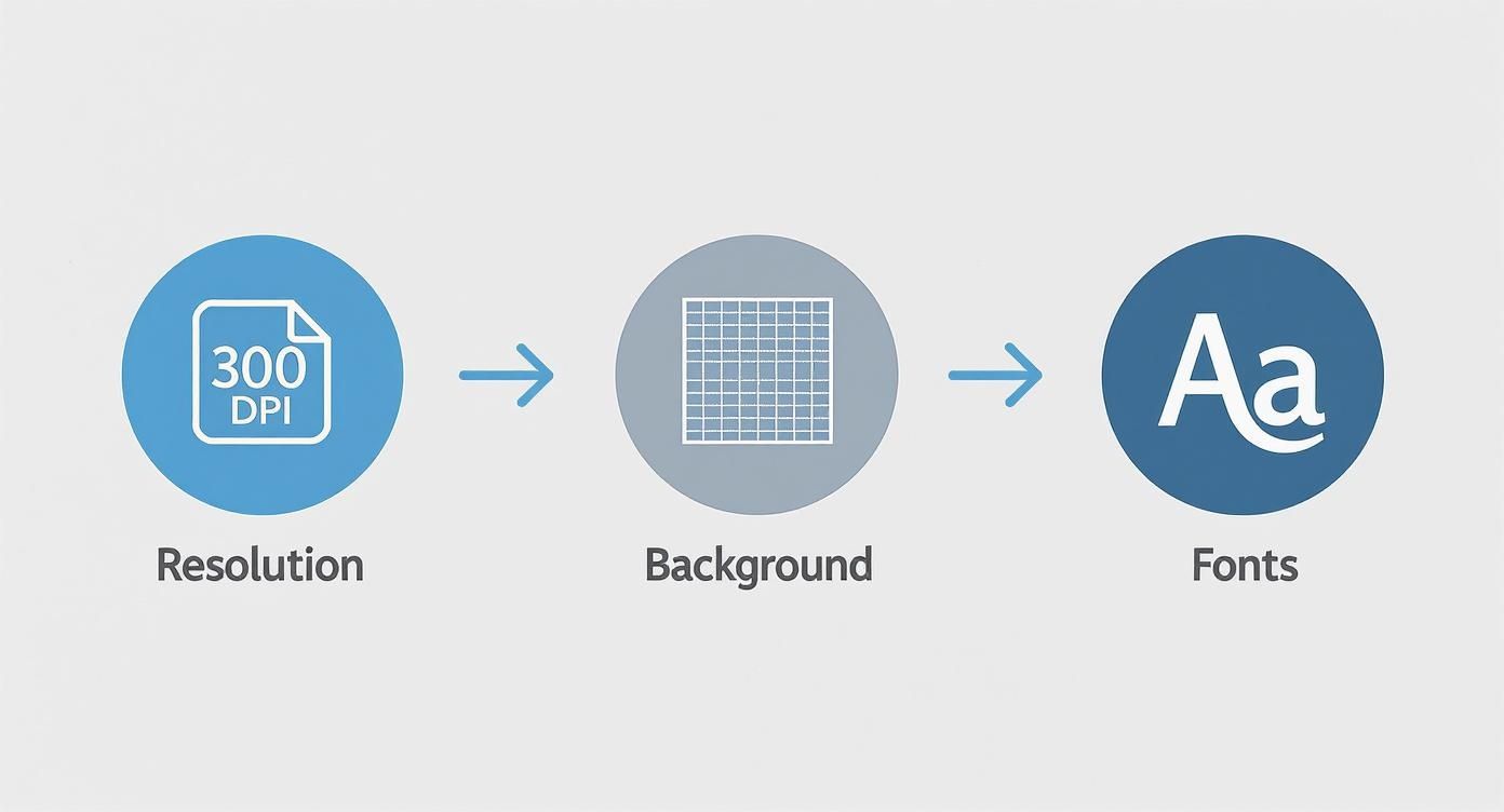 A flowchart showing resolution (300 DPI), background grid, and fonts (Aa) as essential design elements.