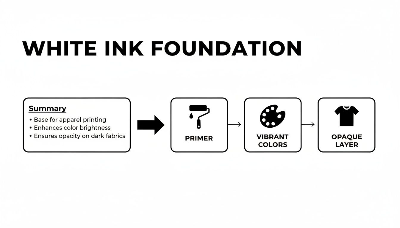 Flowchart illustrating the white ink foundation process for apparel printing, showing its use as a primer for vibrant and opaque colors.