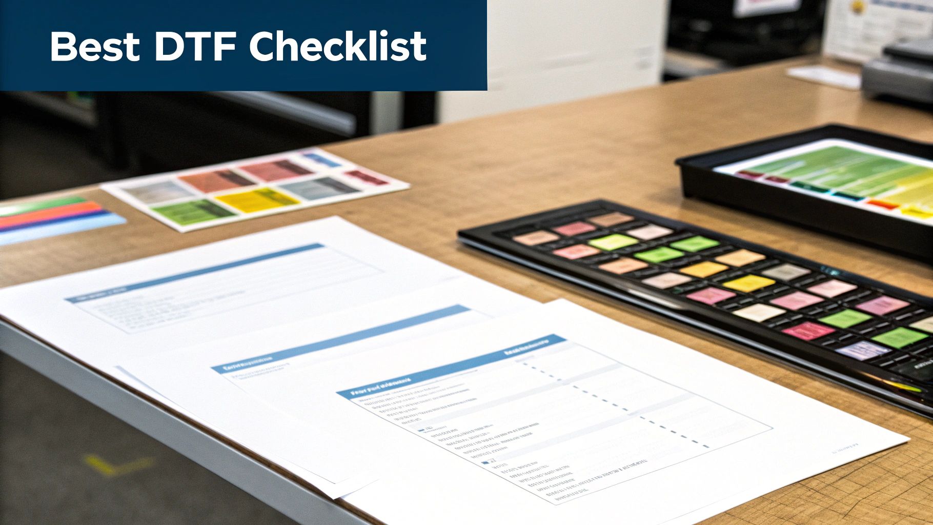A workspace with a 'Best DTF Checklist' banner, print documents, and color swatches.