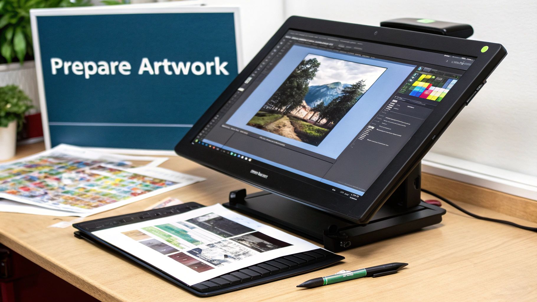 Digital design workspace with monitor displaying landscape photo editing and color calibration tools