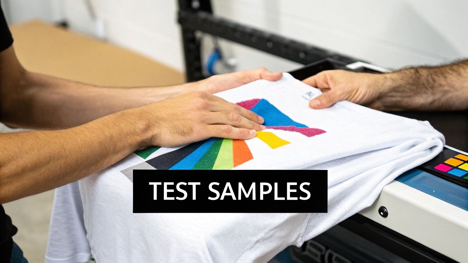 Two people examining colorful DTF print test samples on white t-shirt at production facility