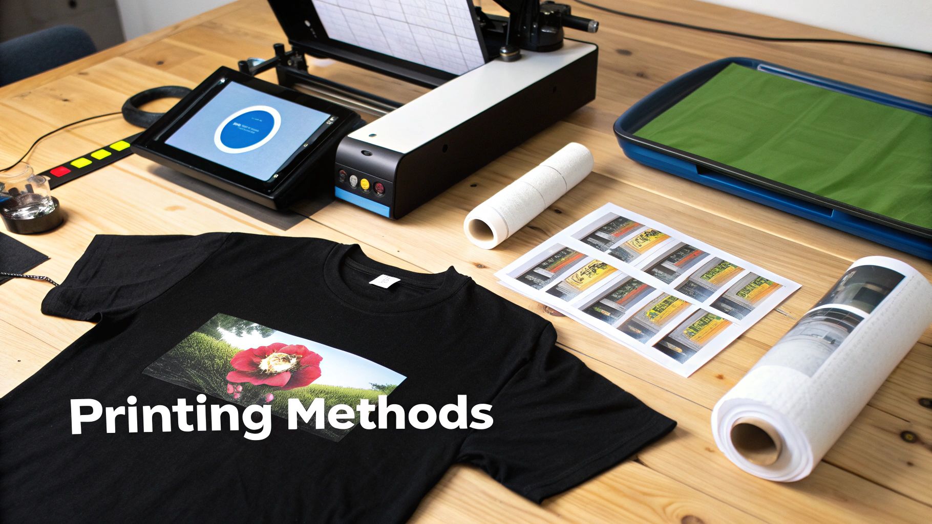 A close-up of a t-shirt being printed by a machine with vibrant colours