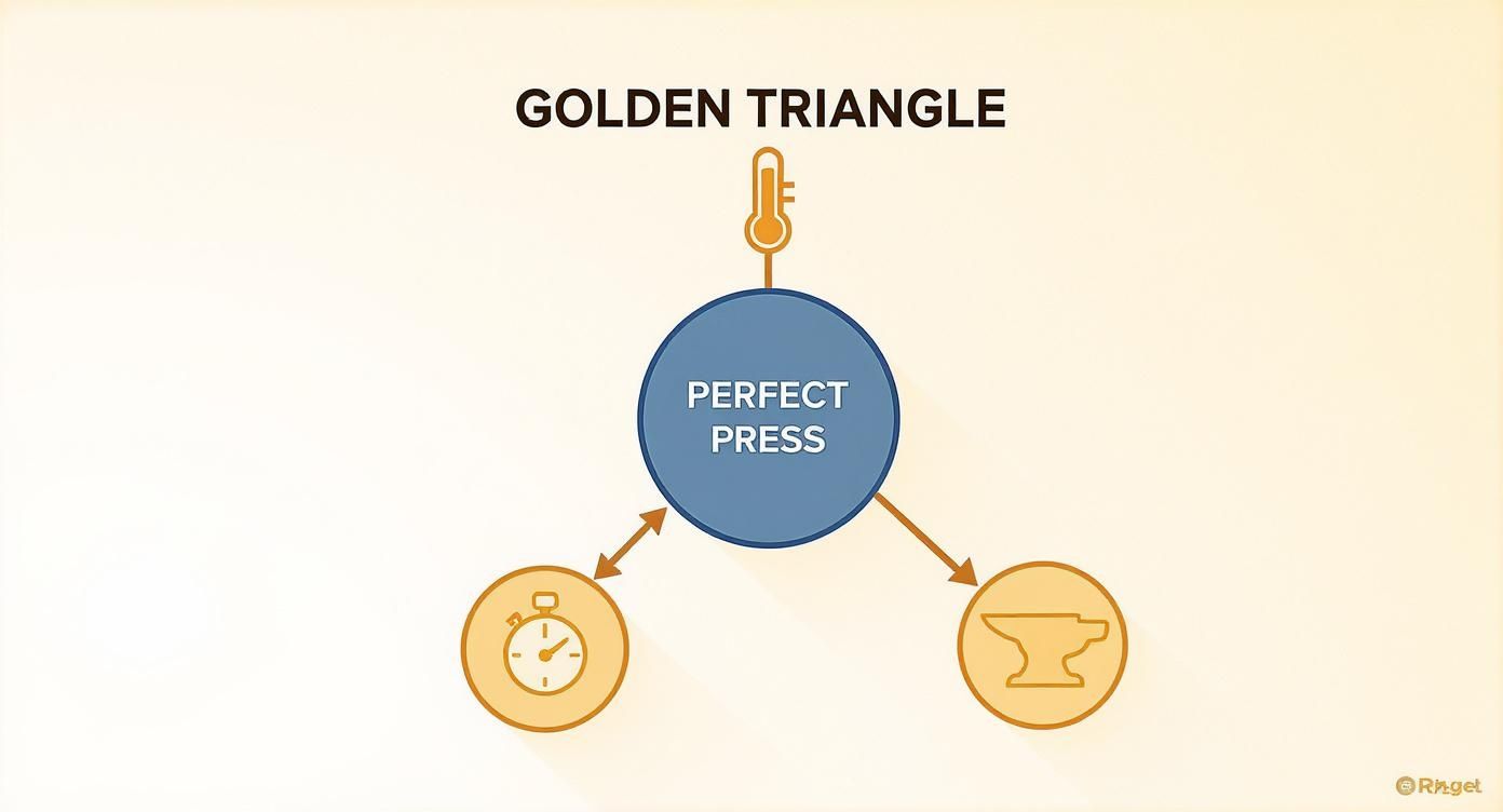 Diagram illustrating the Golden Triangle for a perfect press, highlighting temperature, time, and pressure.