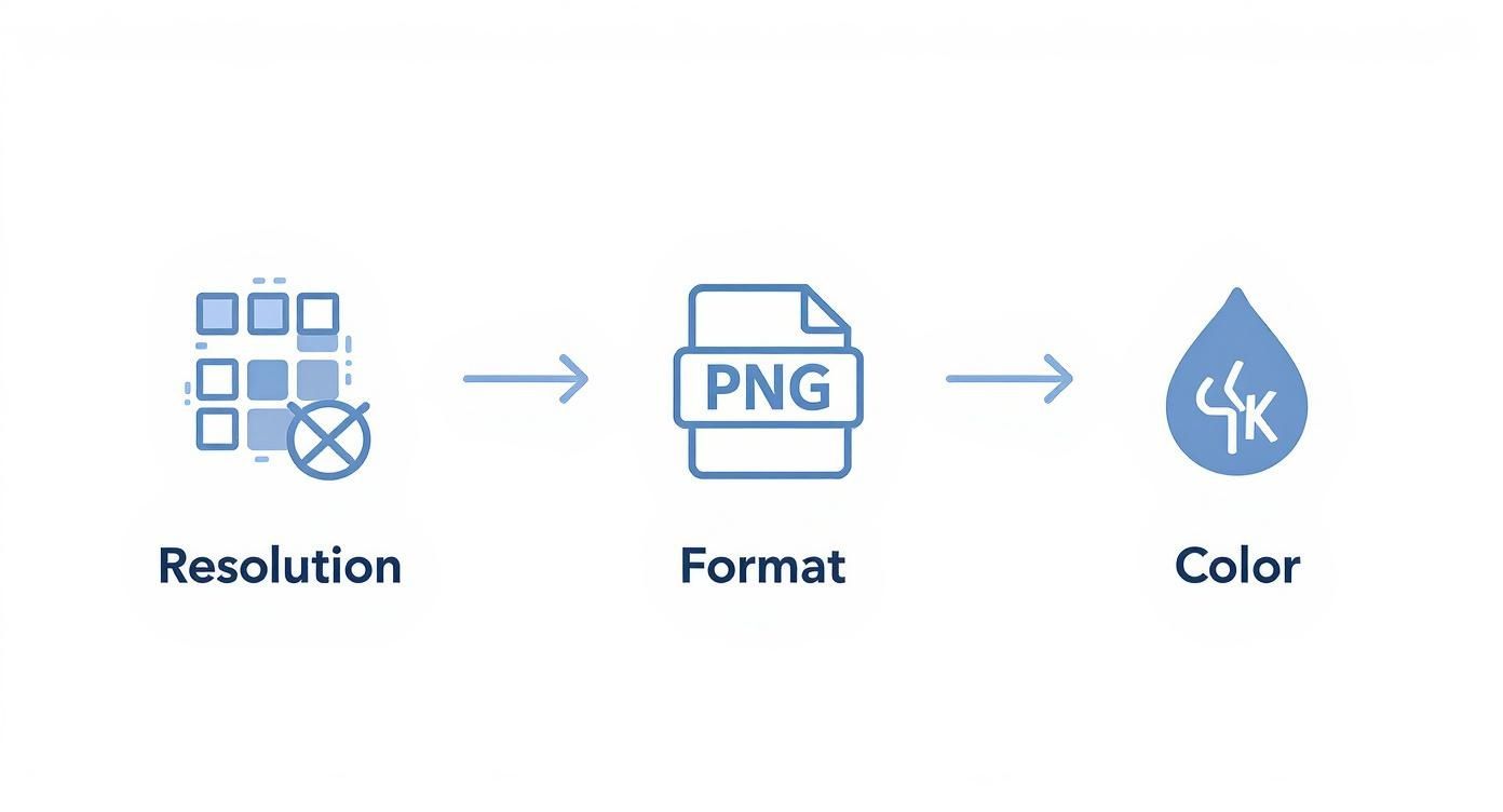 An infographic showing the process flow for artwork preparation, with icons for Resolution, Format, and Colour.