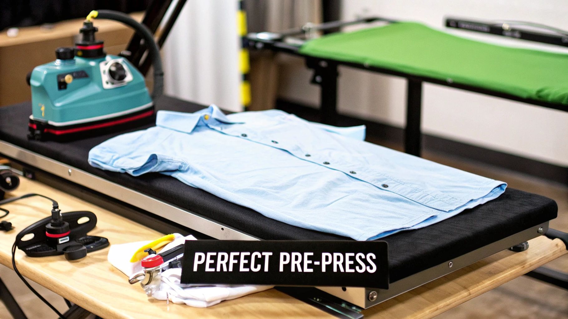 A person aligning a DTF transfer sheet on a t-shirt before placing it in a heat press.