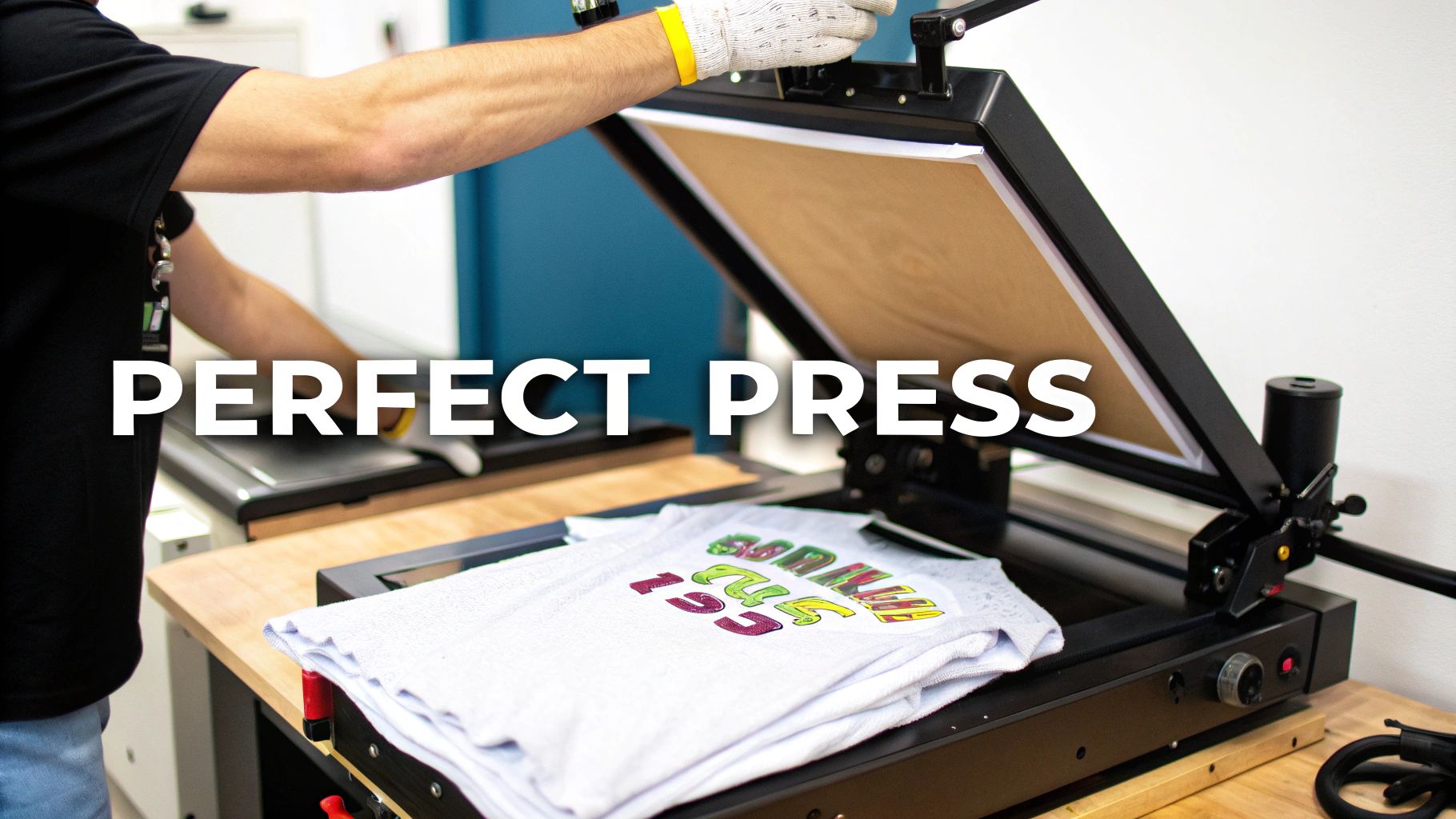 A heat press machine applying a custom design onto a white t-shirt.