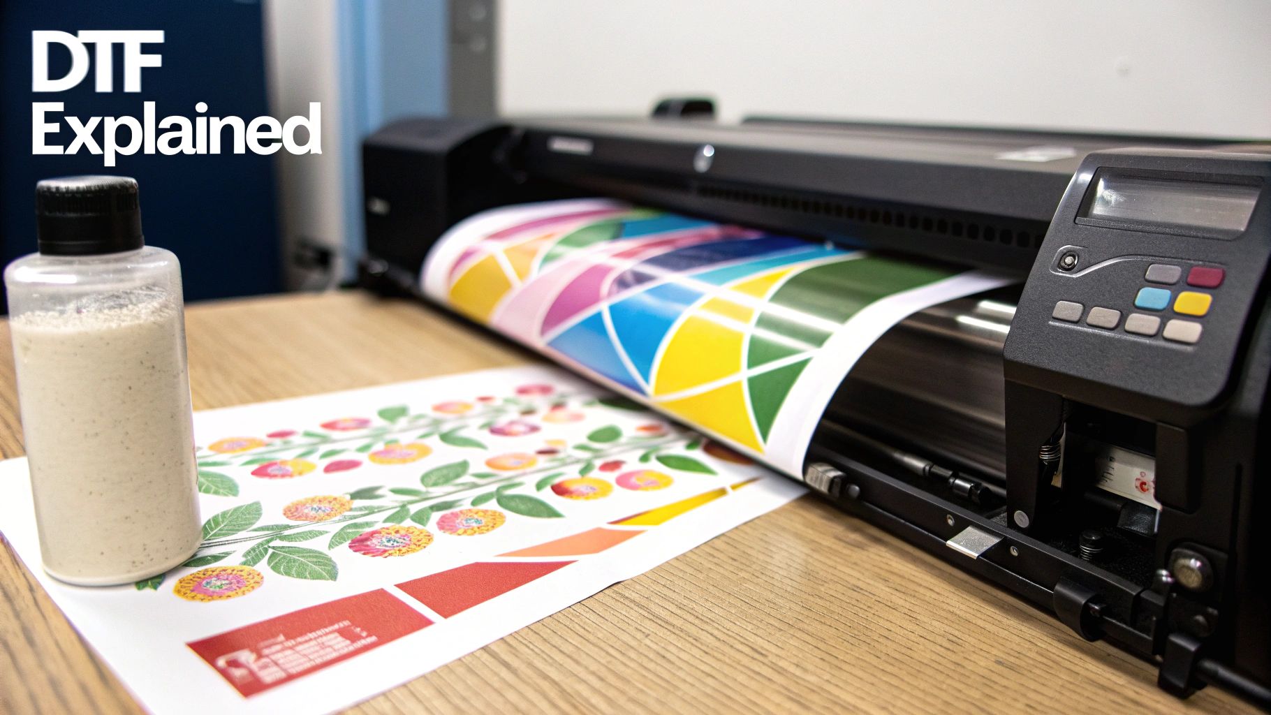 A DTF printer actively printing vibrant designs on film, with adhesive powder and 'DTF Explained' text.