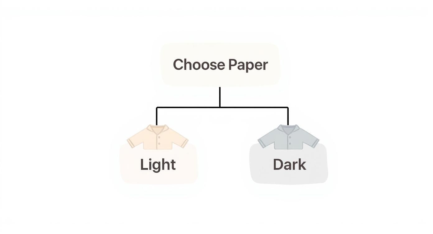 Infographic decision tree for choosing textile transfer paper based on light or dark fabric.
