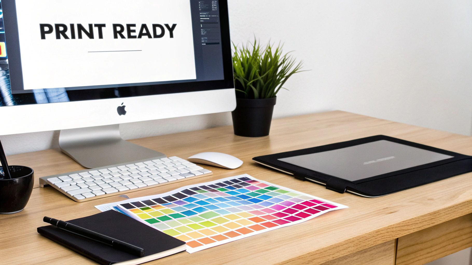 A designer checking a colourful artwork file on a computer screen before sending it for DTF printing.
