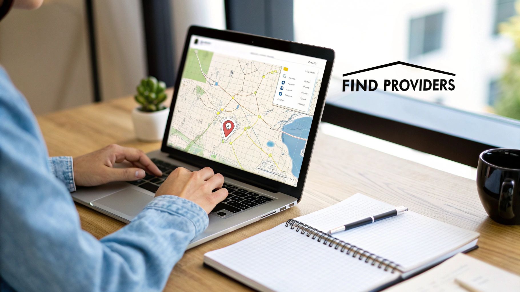 A person using a laptop to search online for local businesses, with a map interface visible.