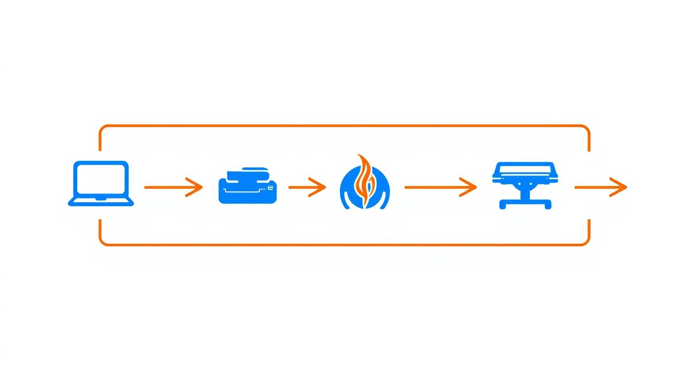 A diagram outlining the DTF printing process: design on laptop, DTF printing, curing, and heat pressing.