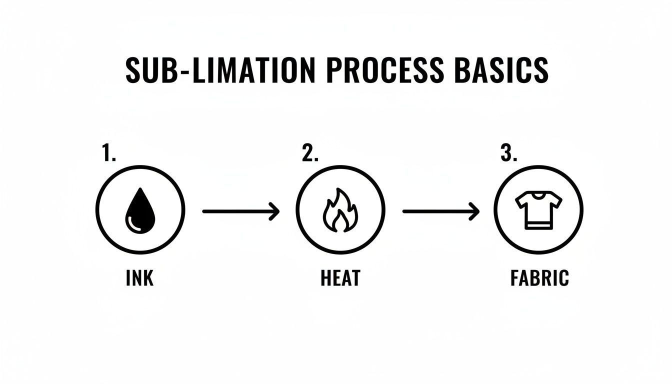 Diagram illustrating the sublimation process: ink (drop), heat (flame), and fabric (t-shirt icon) in three steps.