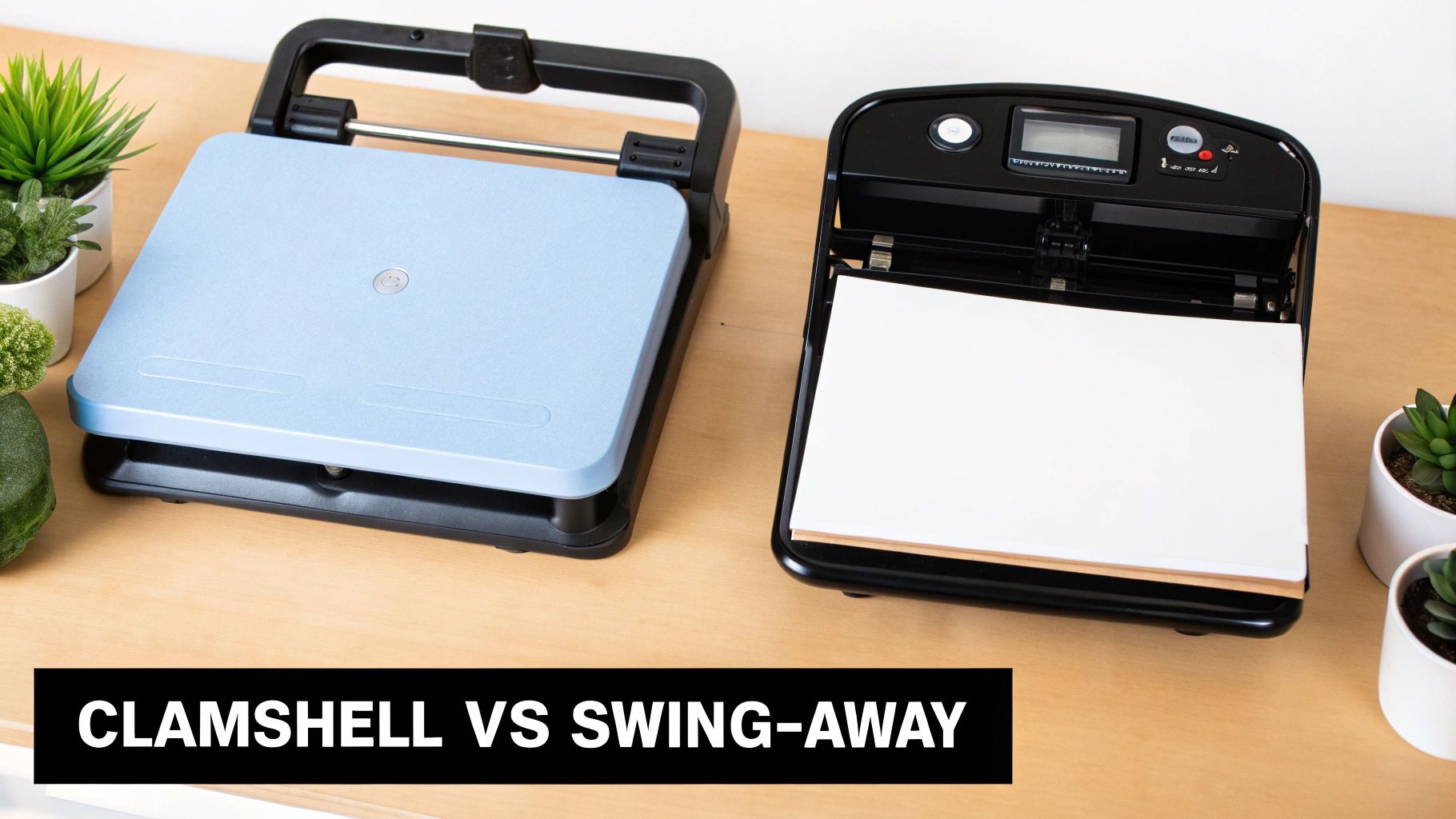 A swing-away heat press machine open and ready for a sublimation project.