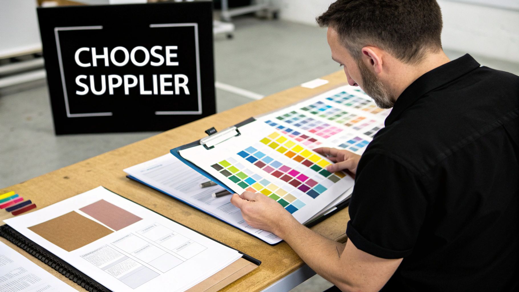 Designer choosing colors from a swatch book, preparing for a printing job with a "CHOOSE SUPPLIER" sign.