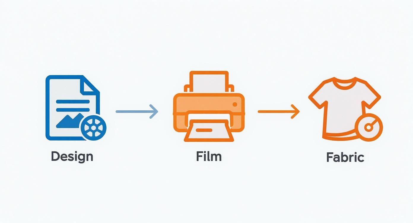 Custom DTF printing process workflow showing design to film printing to fabric transfer stages