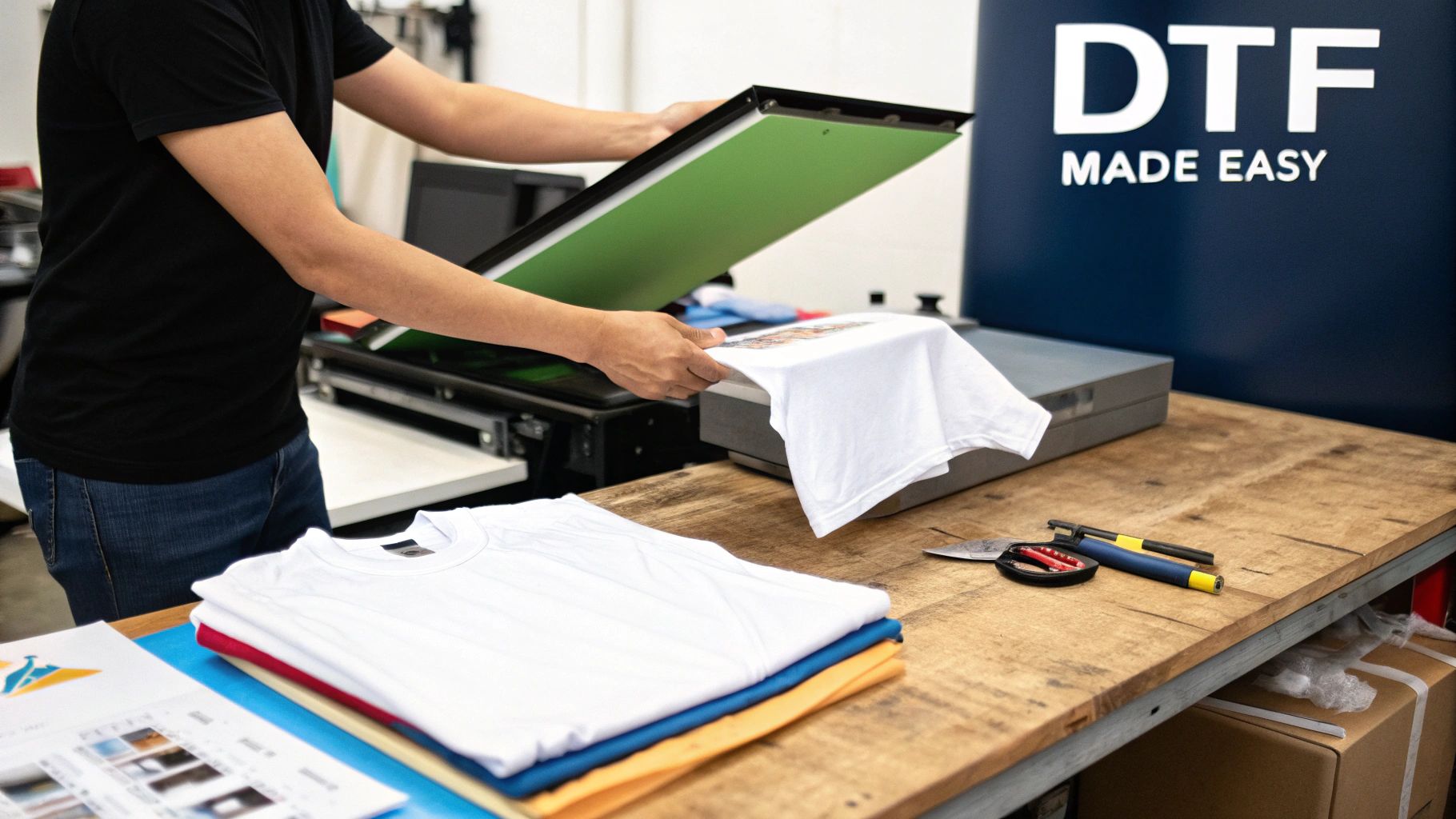 A collection of colourful DTF transfer sheets ready to be pressed onto garments.