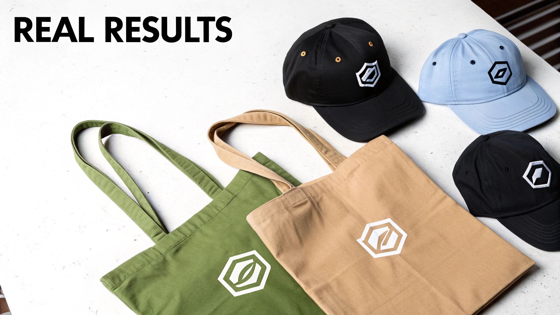 A collection of different products with DTF prints, like a construction vest, a fashion t-shirt, and a tote bag.