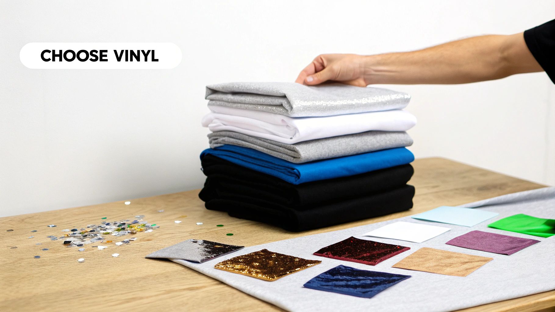 A hand selects a sequin t-shirt from a stack, with various colored vinyl samples displayed on a table for printing.