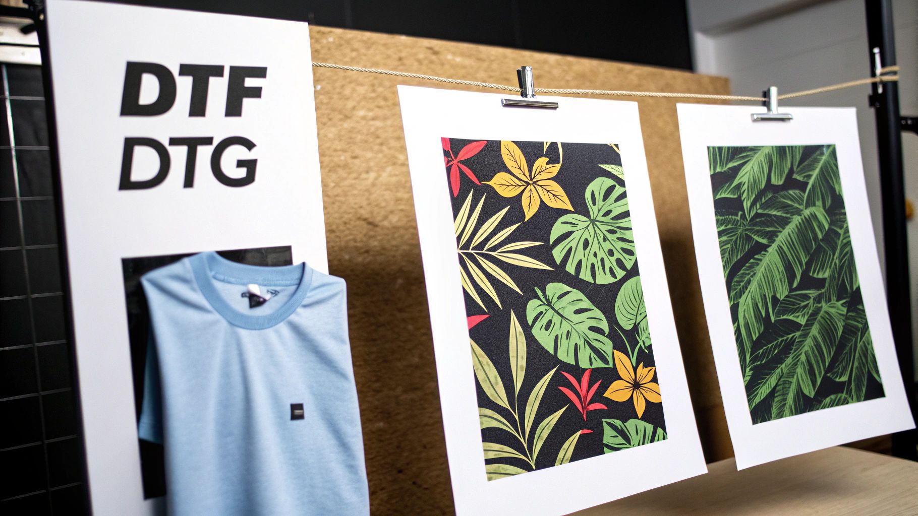 A light blue t-shirt and tropical leaf prints displayed alongside DTF and DTG labels.