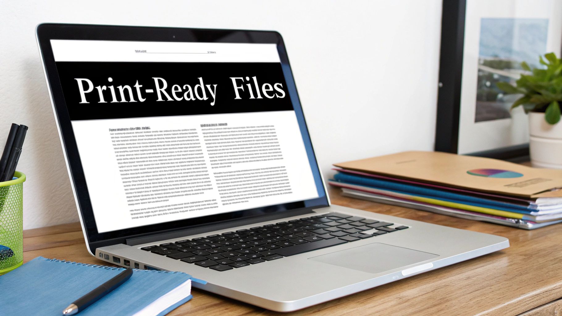A laptop on a wooden desk displaying 'Print-Ready Files' on its screen, surrounded by office supplies.