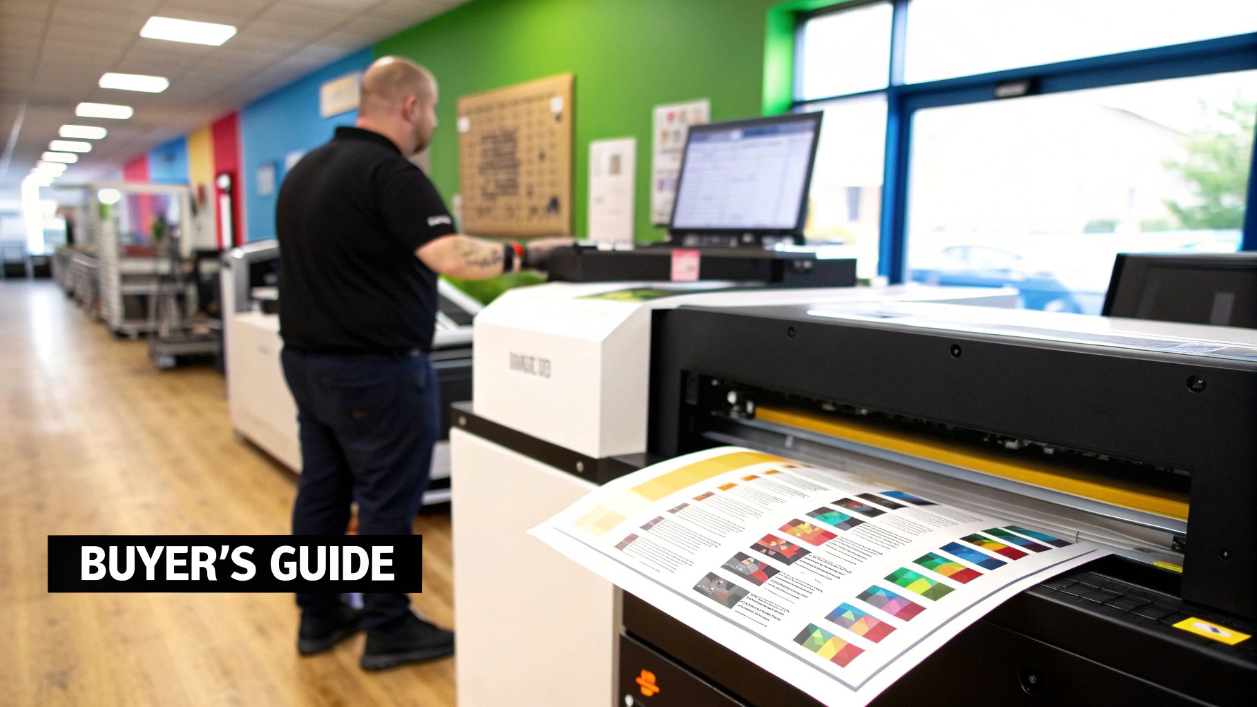 A man operates a large format UV DTF printer in a busy print shop, producing a sheet with colorful swatches.