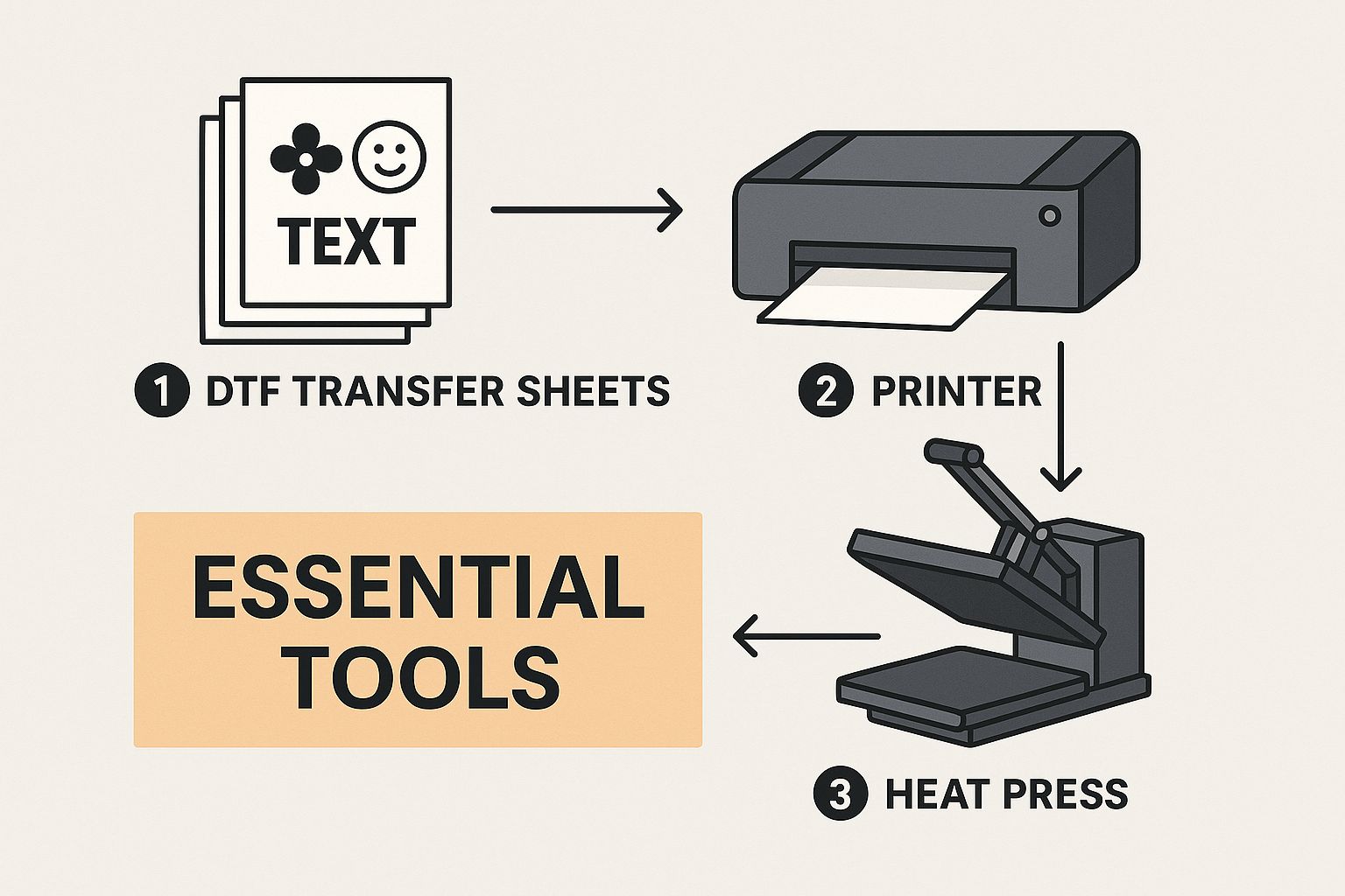 An infographic showing DTF transfer sheets next to a printer and heat press, with a text block that says 'Essential Tools'.