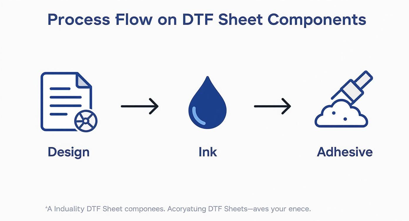Process flow diagram illustrating design, ink, and adhesive steps for DTF sheet components.