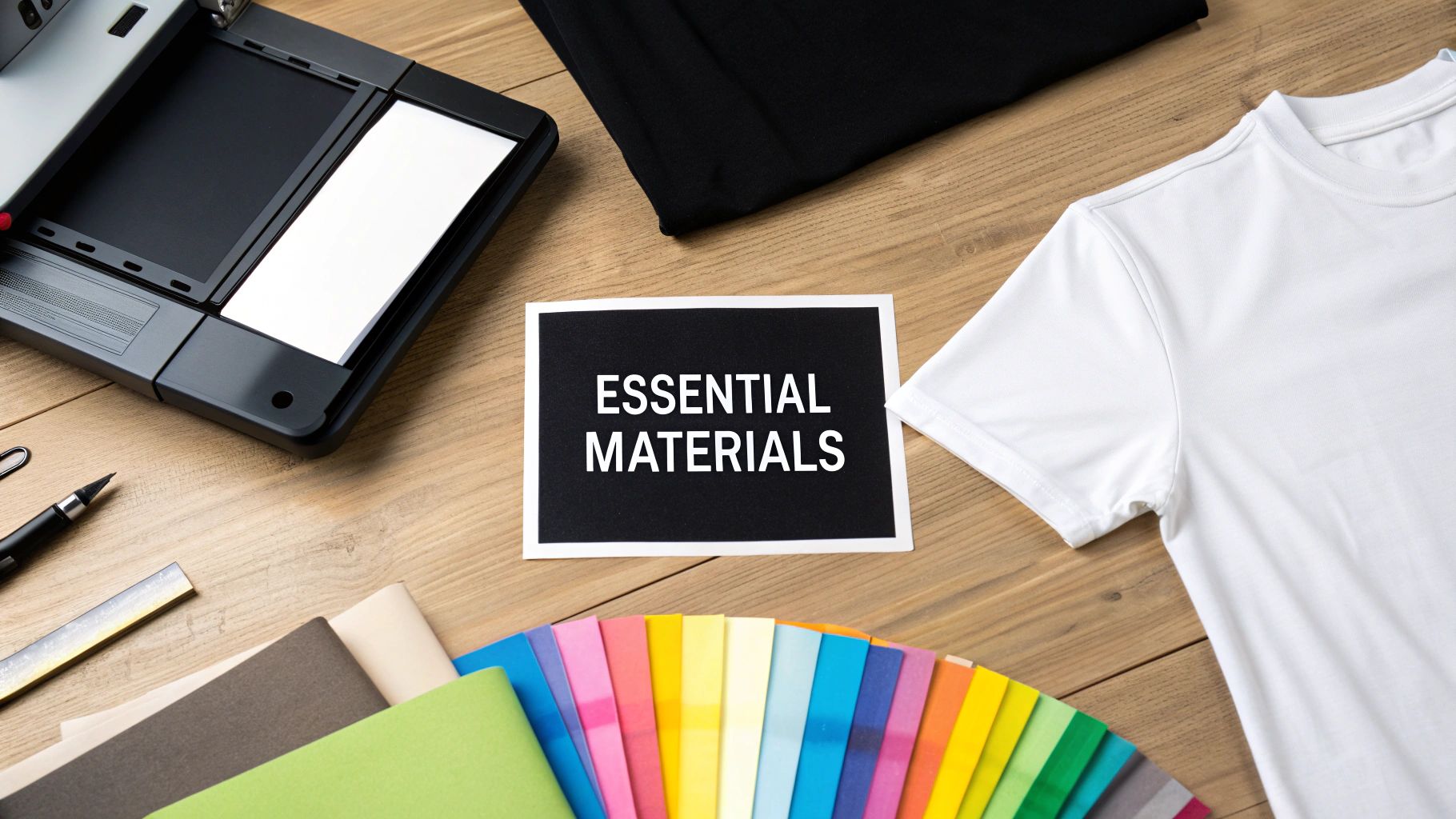 A collection of DTF printing equipment including a printer, inks, powder, and a heat press.