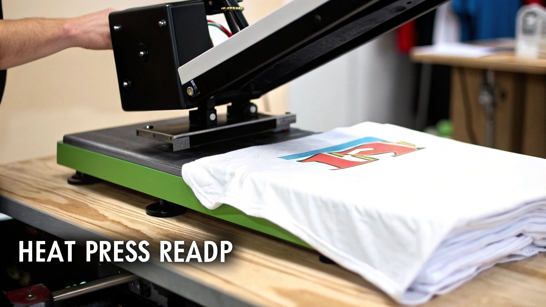 A person operating a heat press machine to apply a design from transfer paper onto a black T-shirt.