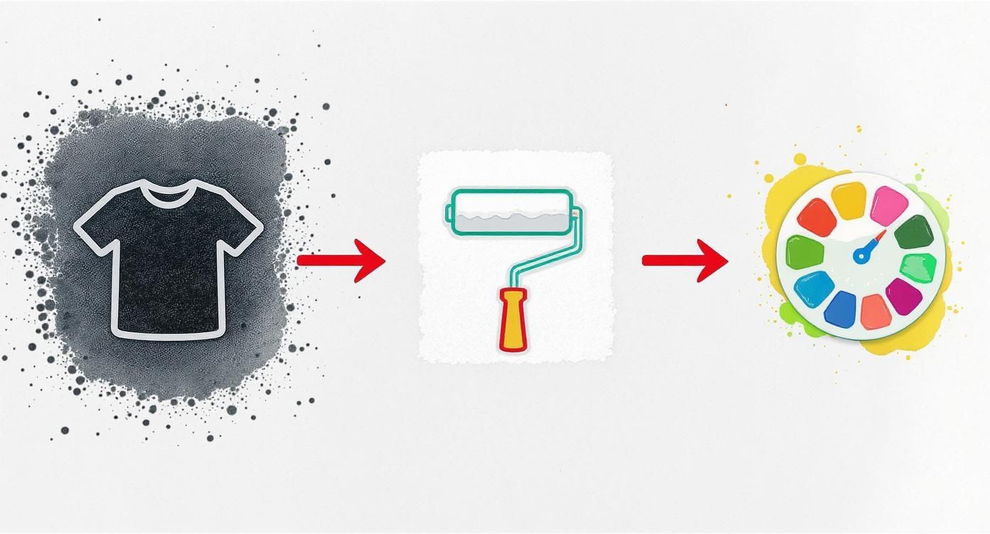 Process diagram showing black t-shirt transformed with paint roller into colorful artistic design