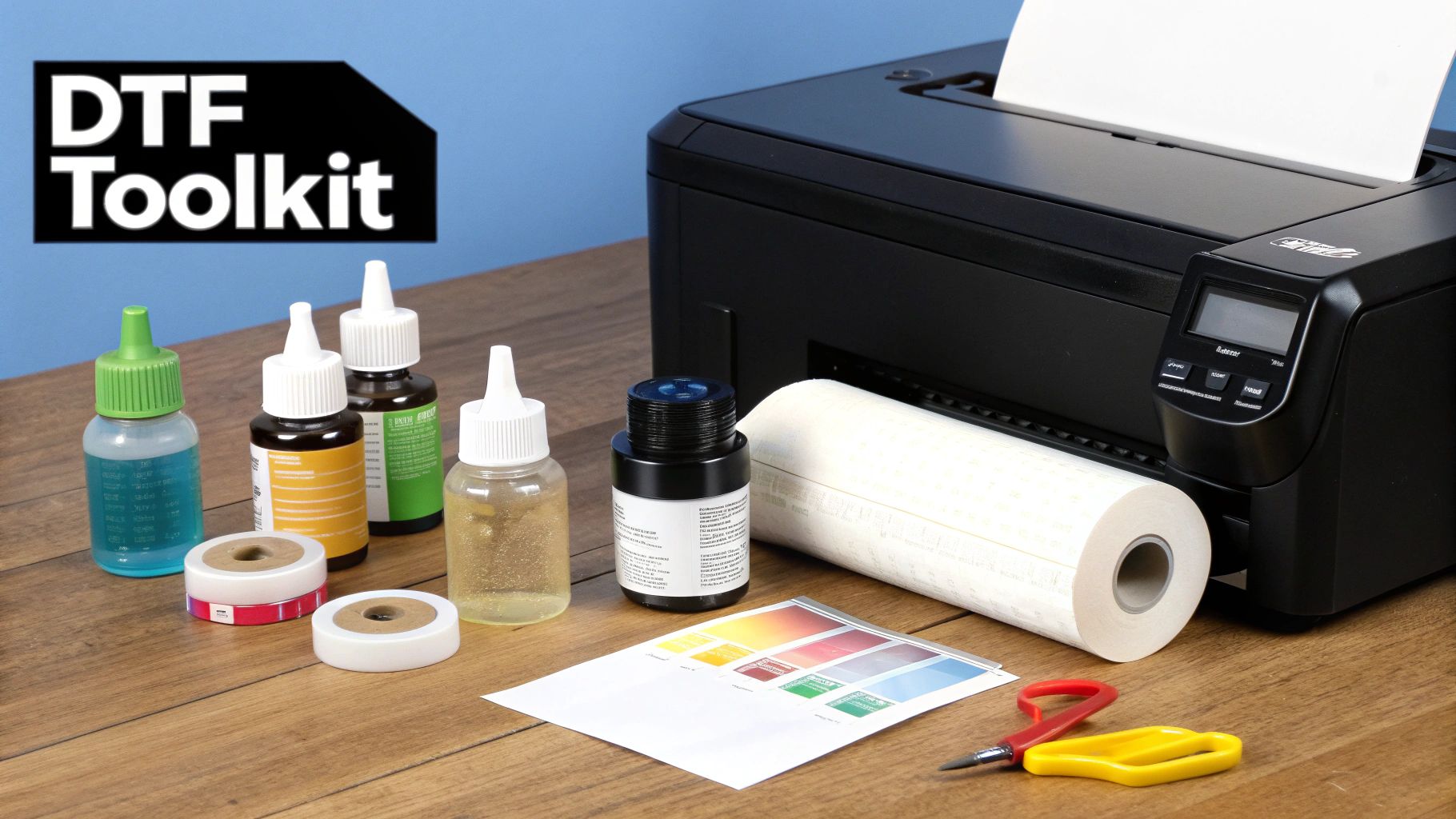 A DTF Toolkit with printer, inks, film rolls, and tools on a wooden desk.