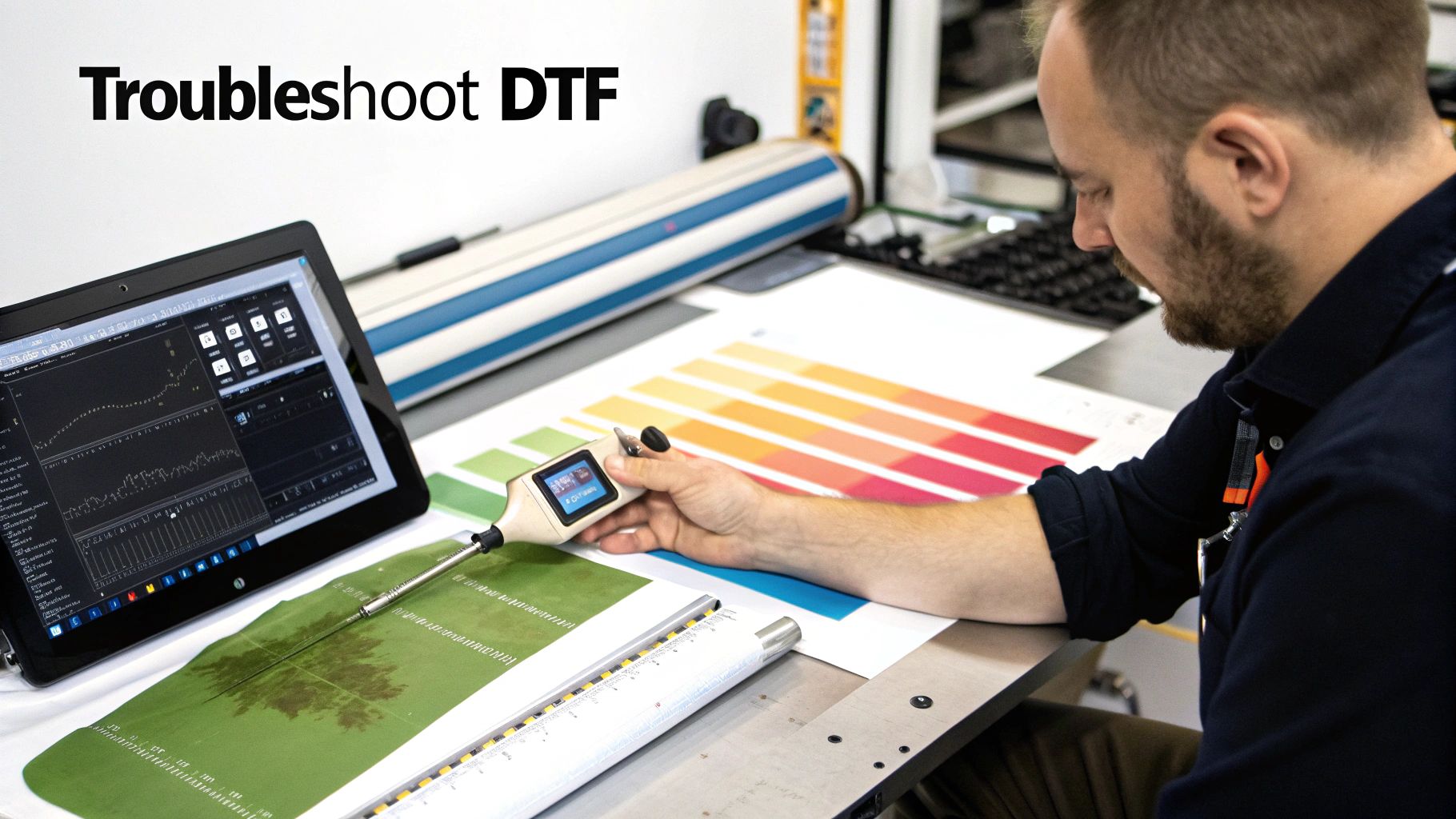 Technician using color measurement device to troubleshoot DTF printing quality on color swatches