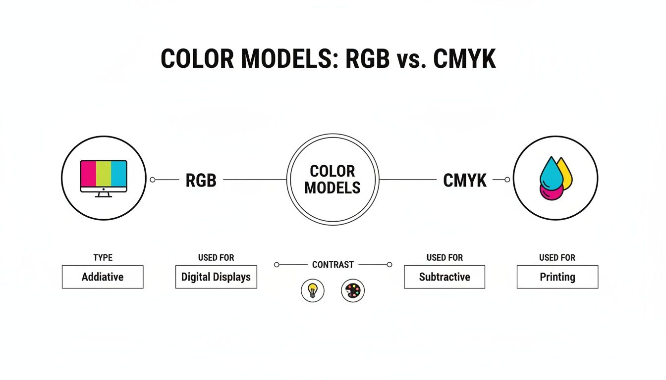 Comparison infographic showing RGB as additive for digital displays and CMYK as subtractive for printing.