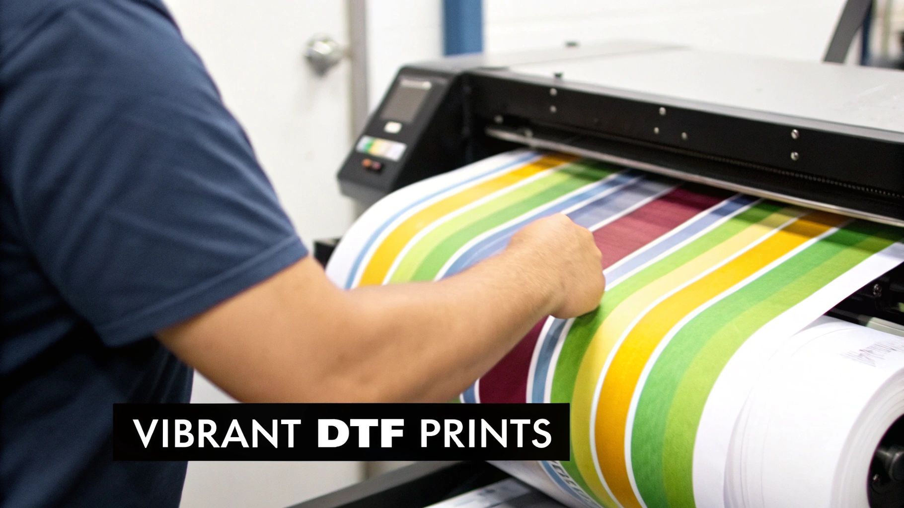 A DTF printer in action, showing a colourful design being printed onto a special film.