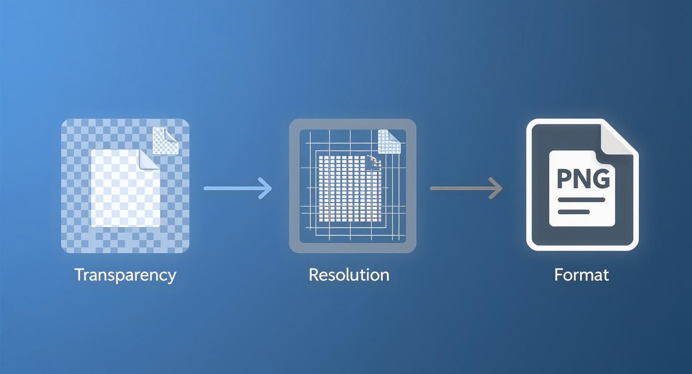 Diagram showing PNG image processing workflow from transparency through resolution to final format conversion