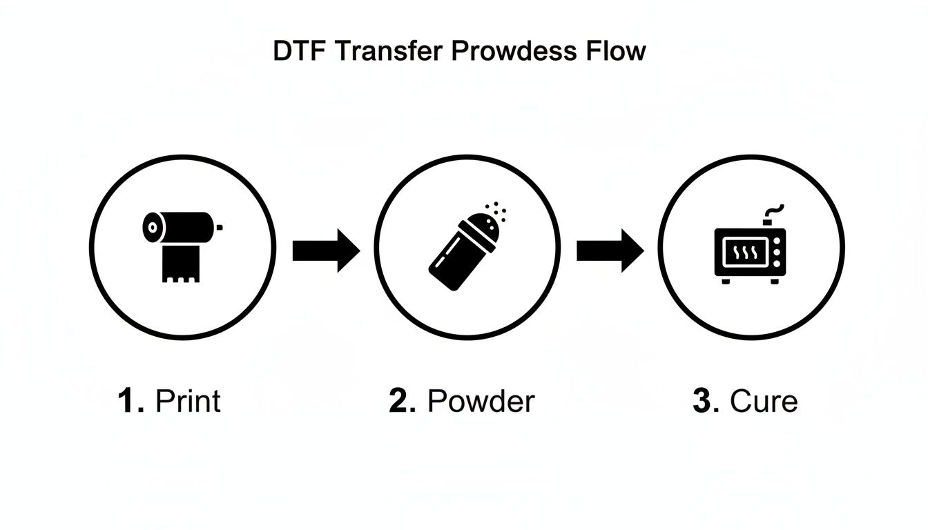 A DTF transfer process flow diagram illustrating three sequential steps: 1. Print, 2. Powder, and 3. Cure.