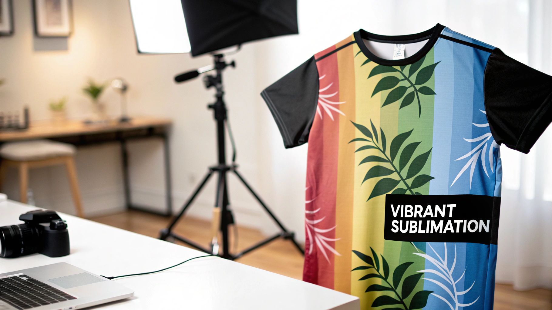 A person wearing a custom t-shirt with a vibrant, detailed dye sublimation print.