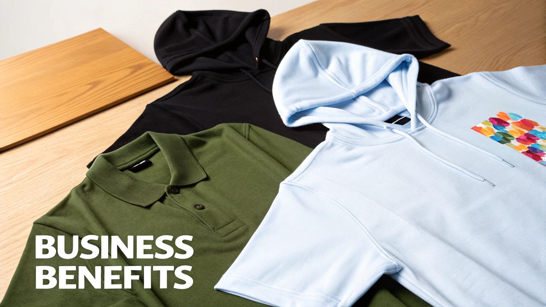 A green polo shirt, black hoodie, and light blue hoodie with a colorful design on a wooden surface.