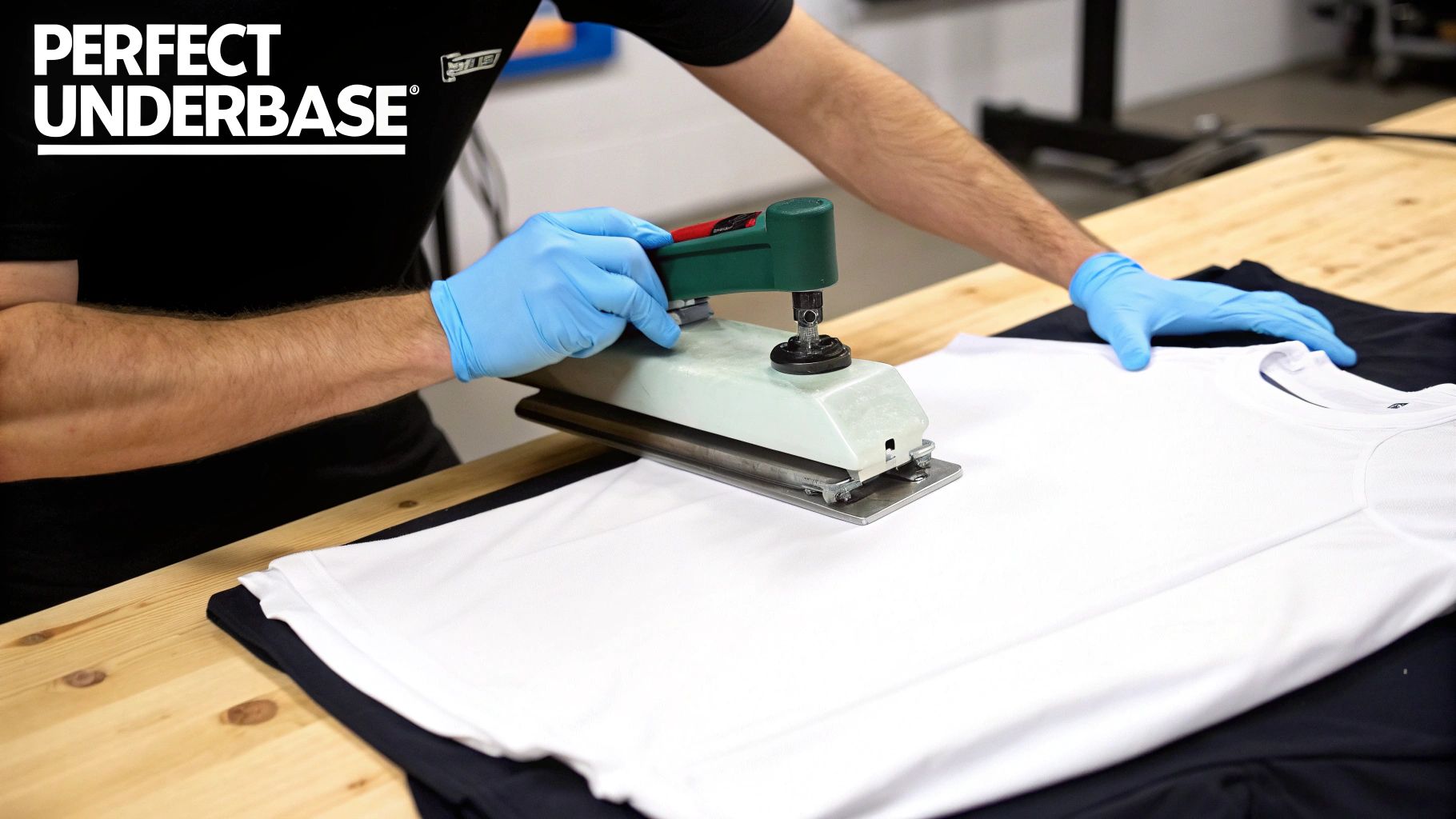 A person wearing blue gloves uses a fabric preparation tool on a white t-shirt, lying on a wooden table.