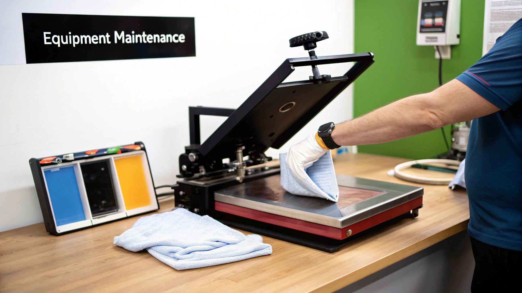 A person cleaning the heat platen of a heat press machine with a cloth.