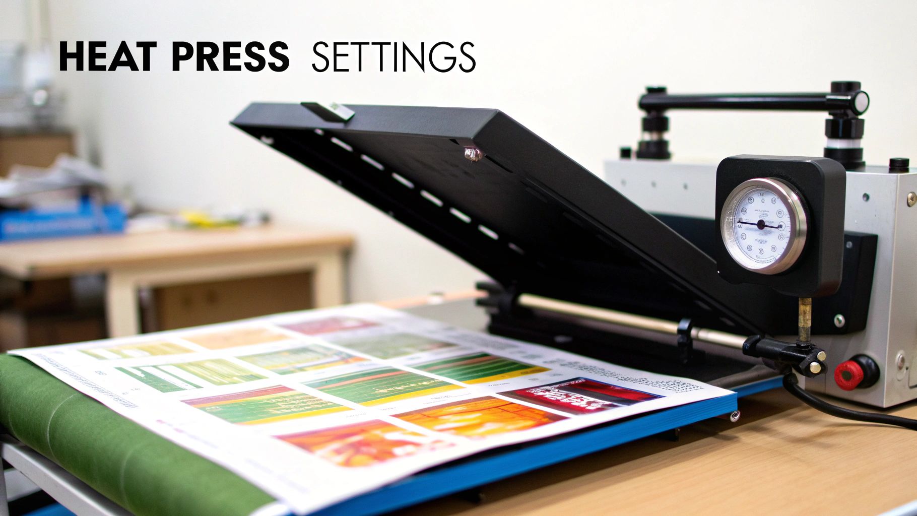 A heat press machine open, displaying a sheet of test prints, with 'HEAT PRESS SETTINGS' text.