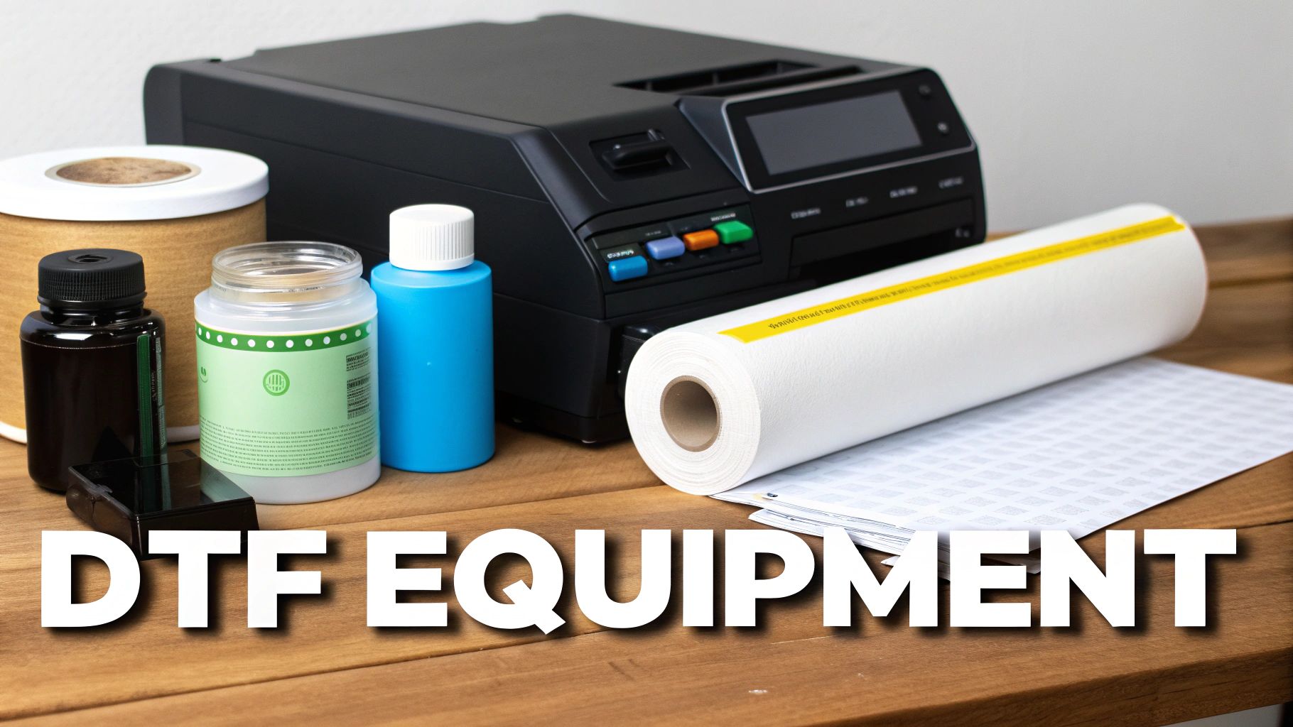 DTF printer and supplies including ink, powder, and film for textile customization.