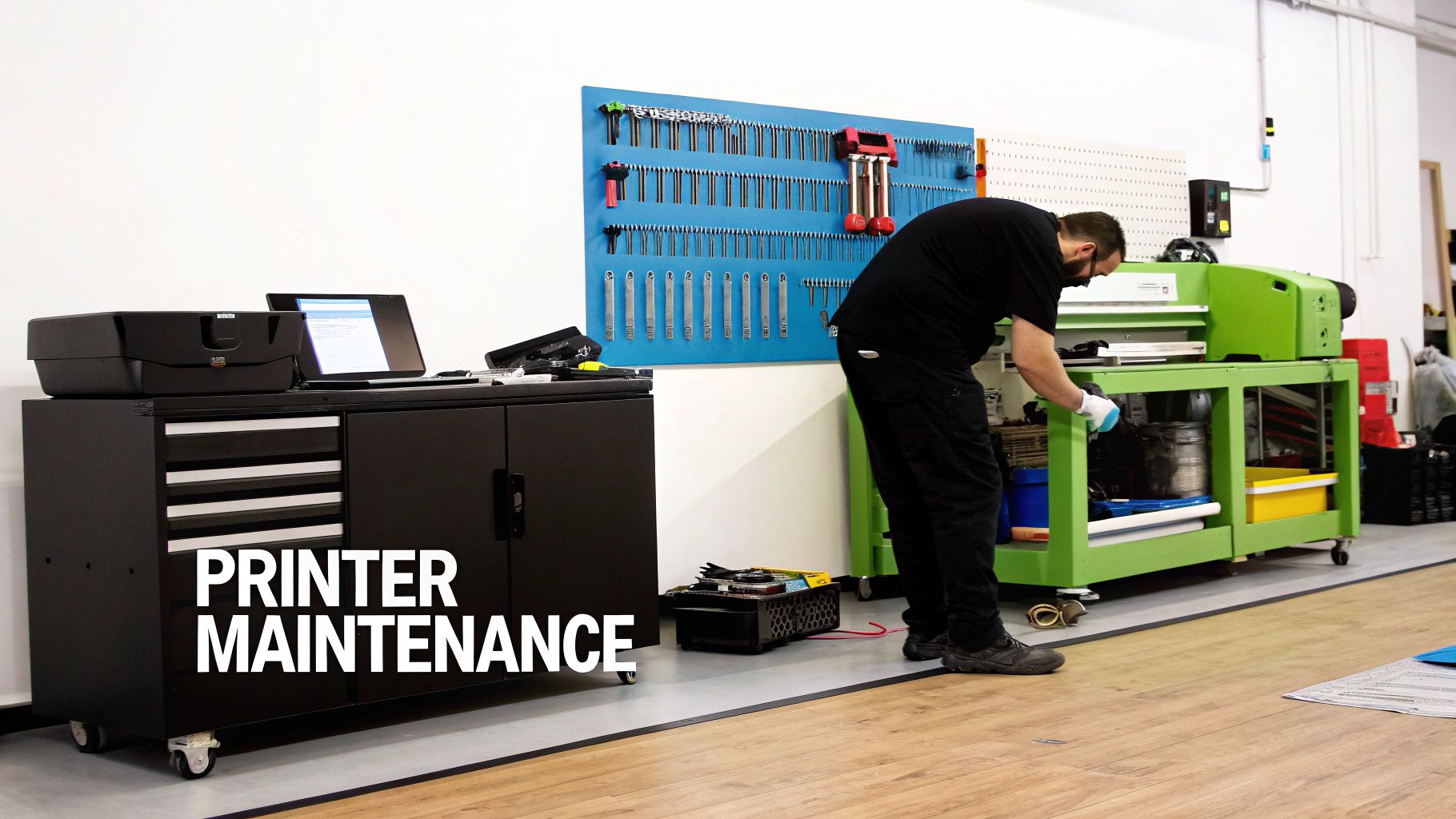 A man in a workshop performs maintenance on a large green printer, with tools on the wall.